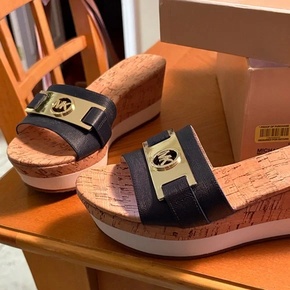 Michael Kors Navy and Brown Cork Wedges - Picture 3 of 3